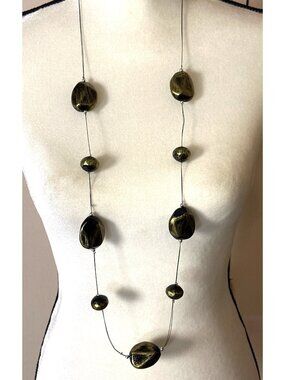 Long Metallic Floating Bead Necklace Black Gold Distressed Earthy Timeless